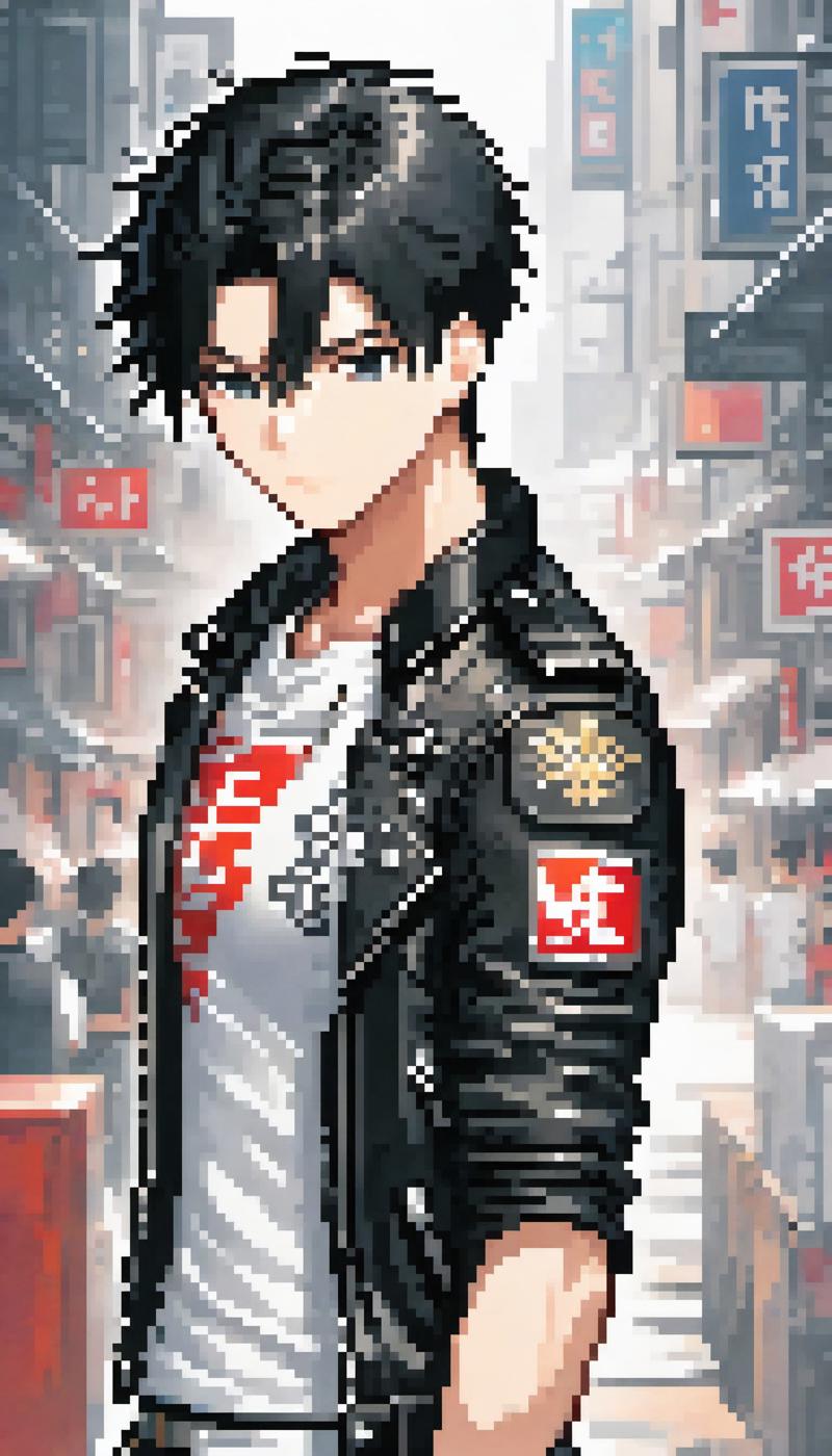 1boy, black hair, white background, short cut hair, leather jacket, tshirt, upper body, detailed sha XL 0.jpg